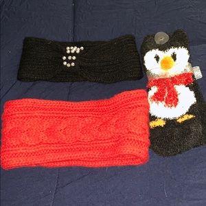 Bundle penguin fuzzy socks and knit headbands